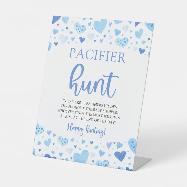 Blue Hearts Valentine Baby Shower Pacifier Hunt Pedestal Sign (Front)