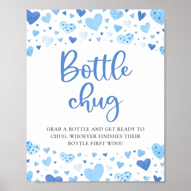 Blue Hearts Valentine Bottle Chug Baby Shower Sign (Front)