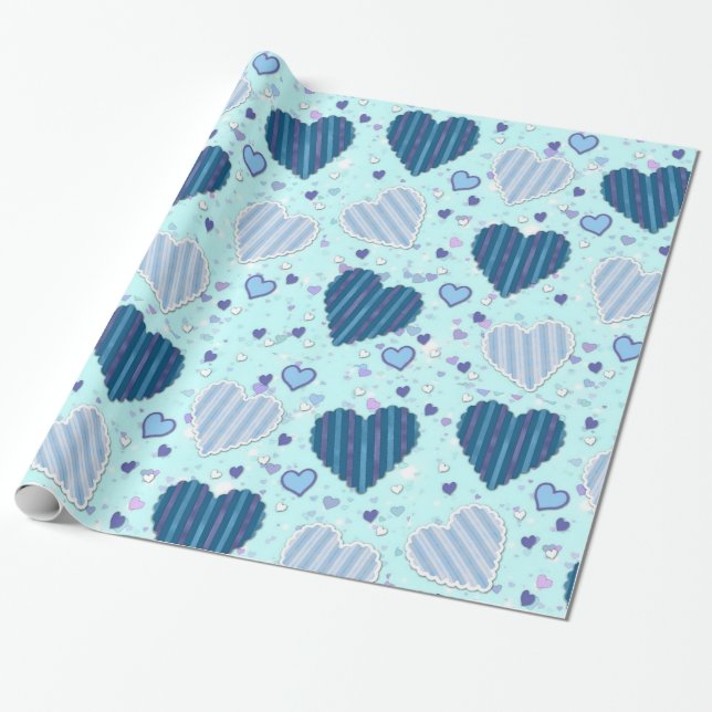 Blue Hearts Valentine or Wedding Gift Wrap (Unrolled)
