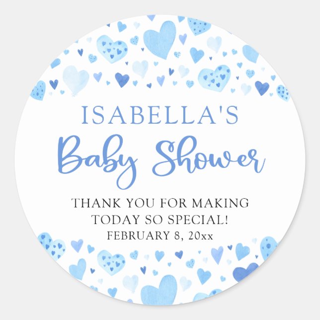 Blue Hearts Valentine Sweetheart Baby Shower Classic Round Sticker (Front)