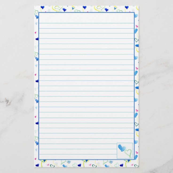 Blue Hearts Watercolor Lined Letter Writing Paper Zazzle