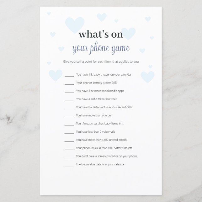 Blue Hearts What's on Your Phone Baby Shower Game (Front)