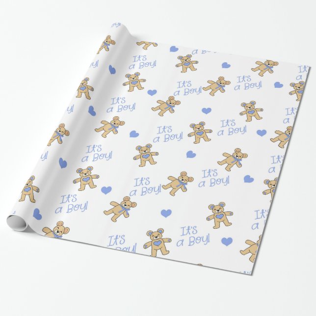  Blue Hearts with Teddy Bears Wrapping Paper (Unrolled)