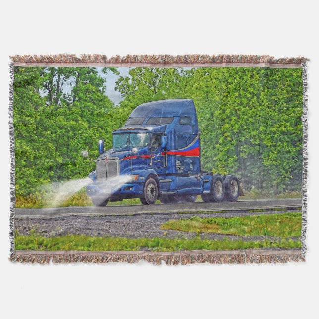 Blue Heavy Truck Minus Load Highway Driving Art Throw Blanket (Front)