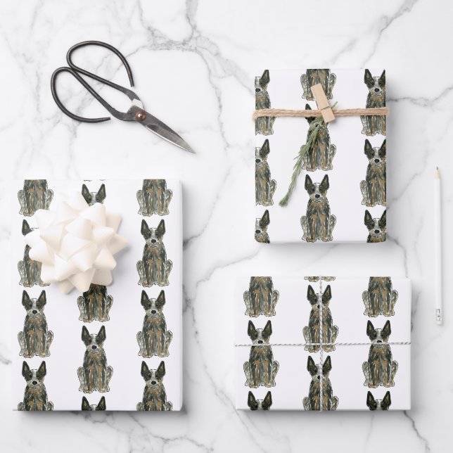 Blue Heeler ACD Cattle Dog Watercolor Art Wrapping Paper Sheet (Front)