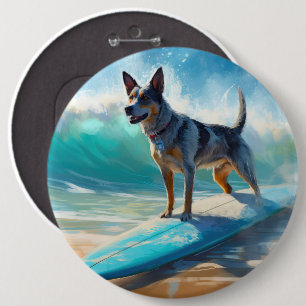 Blue Heeler Beach Surfing Painting 6 Cm Round Badge