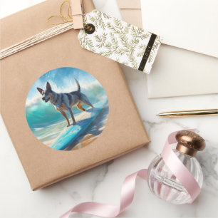 Blue Heeler Beach Surfing Painting  Classic Round Sticker