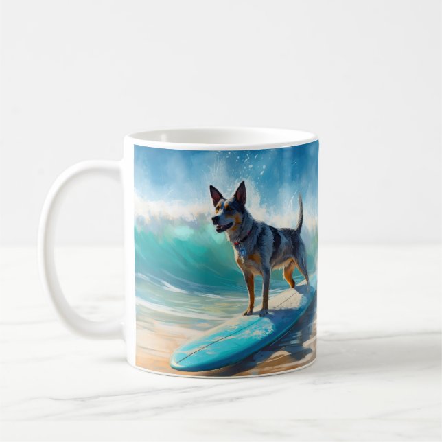 Blue Heeler Beach Surfing Painting  Coffee Mug (Left)