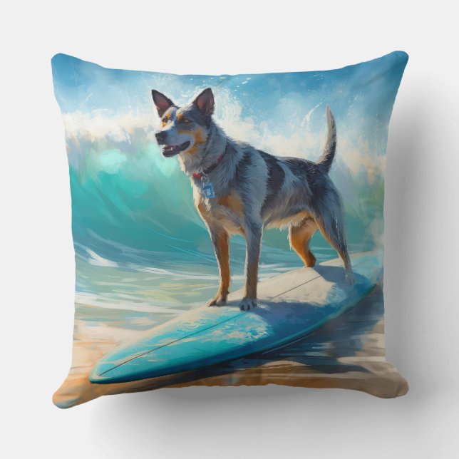 Blue Heeler Beach Surfing Painting  Cushion (Back)