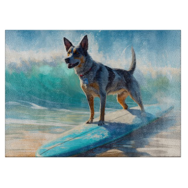 Blue Heeler Beach Surfing Painting  Cutting Board (Front)