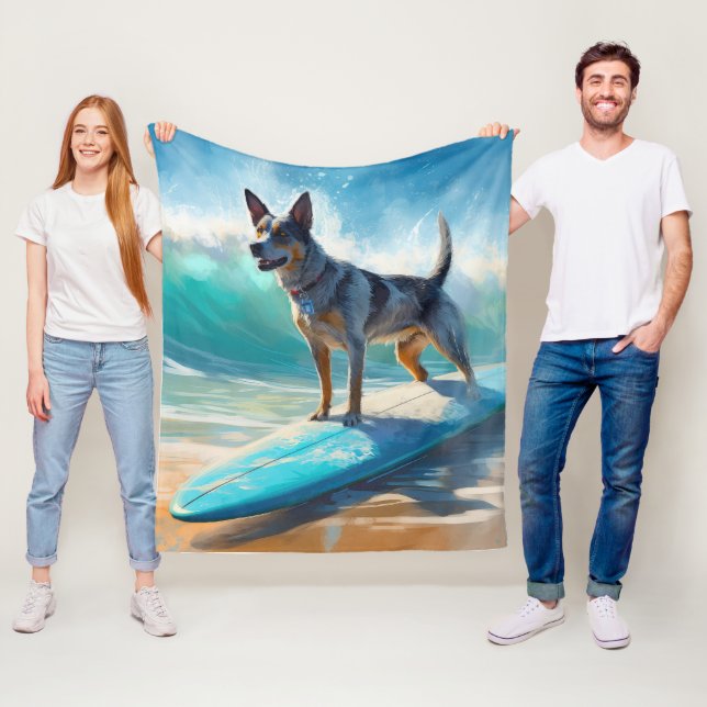 Blue Heeler Beach Surfing Painting  Fleece Blanket (In Situ)