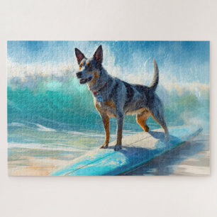 Blue Heeler Beach Surfing Painting  Jigsaw Puzzle