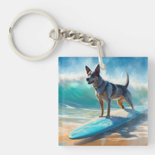 Blue Heeler Beach Surfing Painting  Key Ring