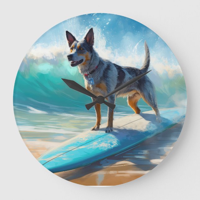 Blue Heeler Beach Surfing Painting  Large Clock (Front)