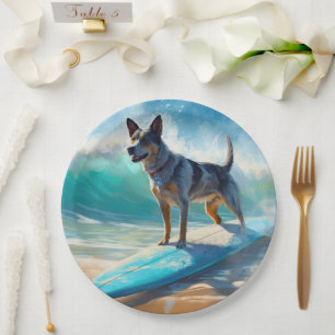 Blue Heeler Beach Surfing Painting  Paper Plate