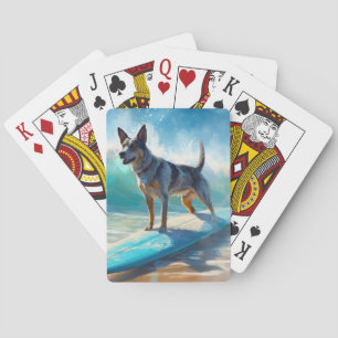 Blue Heeler Beach Surfing Painting Playing Cards