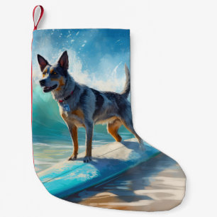 Blue Heeler Beach Surfing Painting Small Christmas Stocking