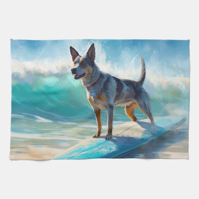 Blue Heeler Beach Surfing Painting  Tea Towel (Horizontal)
