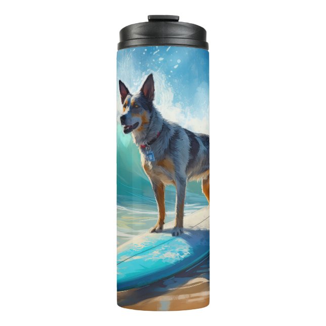 Blue Heeler Beach Surfing Painting  Thermal Tumbler (Front)