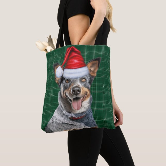 Blue Heeler Cattl Christmas Dog Seasonal Plaid Tote Bag (Close Up)