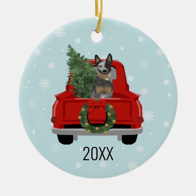Blue Heeler Cattle Dog Red Truck Christmas Ceramic Tree Decoration (Front)