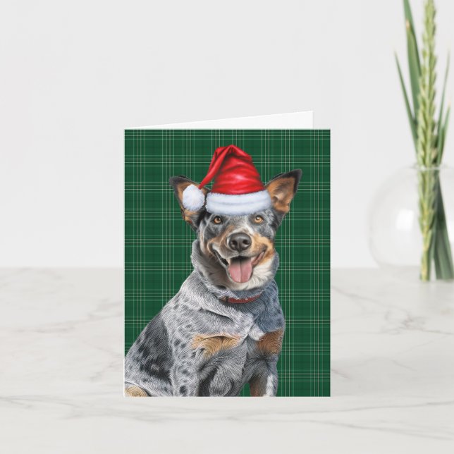 Blue Heeler Christmas Dog Green Plaid Christmas Holiday Card (Front)