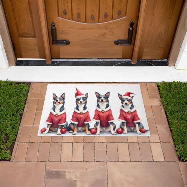 Blue Heeler Christmas Dress Santa Hat Doormat (Outdoor)