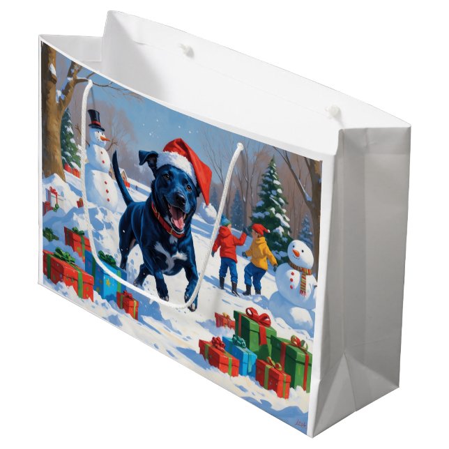 Blue Heeler Christmas Festive Snow Scene Large Gift Bag (Front Angled)