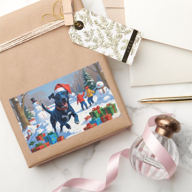 Blue Heeler Christmas Festive Snow Scene Rectangular Sticker (Gifting)