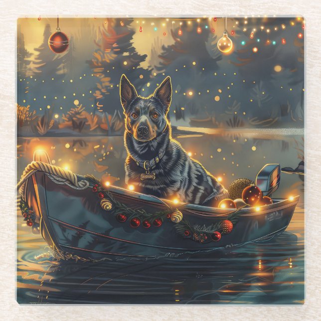 Blue Heeler Christmas Festive Voyage Glass Coaster (Front)