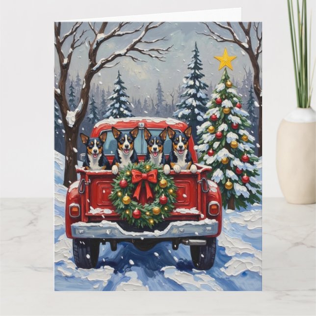 Blue Heeler Christmas Red Truck Holiday Card (Front)
