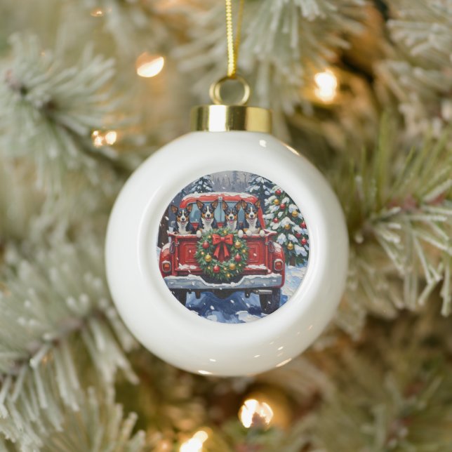 Blue Heeler Christmas Red Truck Holiday Ceramic Ball Christmas Ornament (Tree)