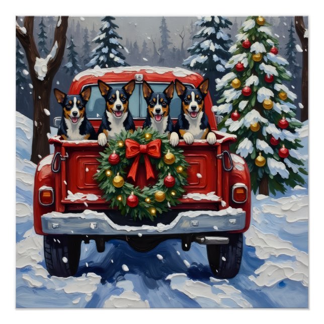 Blue Heeler Christmas Red Truck Holiday Poster (Front)