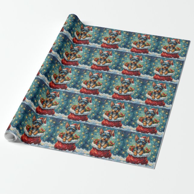 Blue Heeler Christmas Santa Bag Adventure Wrapping Paper (Unrolled)