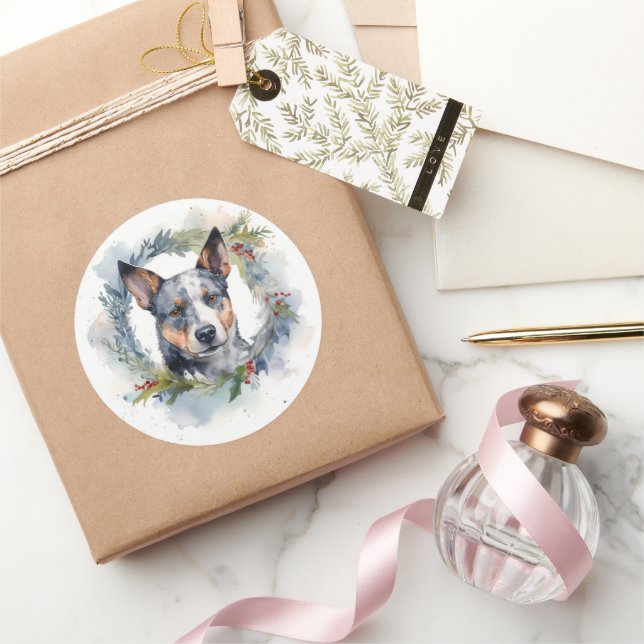 Blue Heeler Christmas Wreath Festive Pup Classic Round Sticker (Gifting)