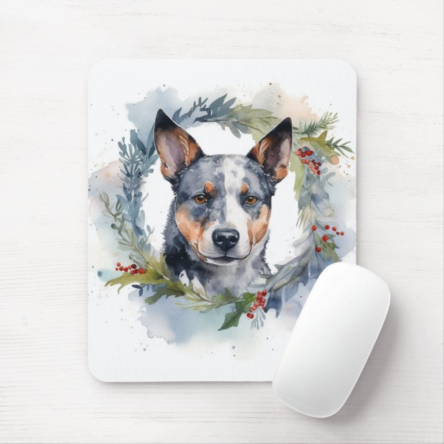 Blue Heeler Christmas Wreath Festive Pup Mouse Mat (With Mouse)