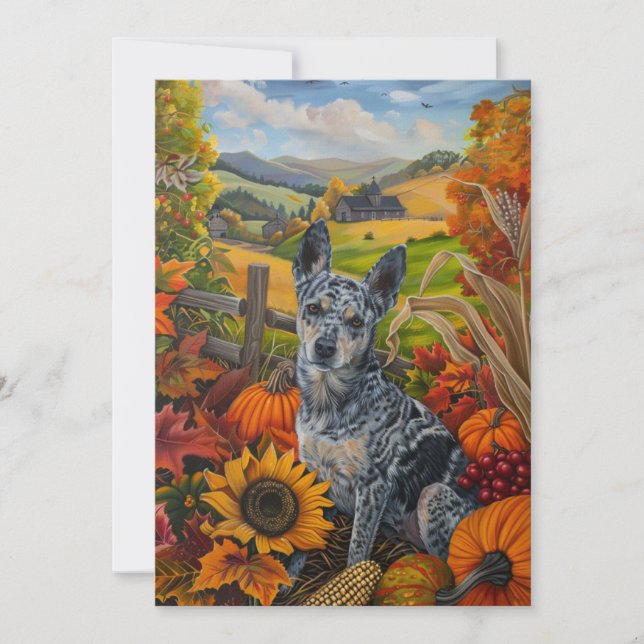 Blue Heeler Dog Autumn Harvest Thanksgiving Holiday Card (Front)