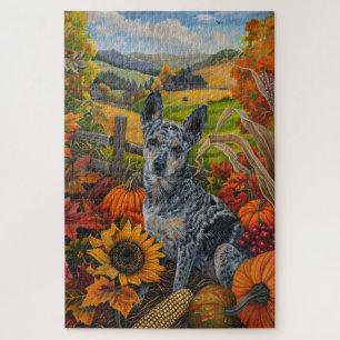 Blue Heeler Dog Autumn Harvest Thanksgiving Jigsaw Puzzle