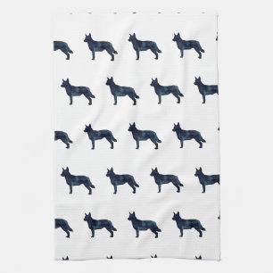 Blue Heeler Dog Breed Silhouette Black Watercolor Tea Towel