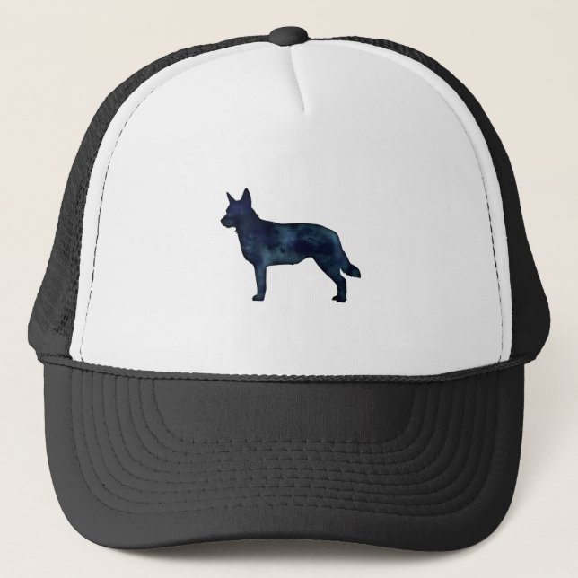 Blue Heeler Dog Breed Silhouette Black Watercolor Trucker Hat (Front)