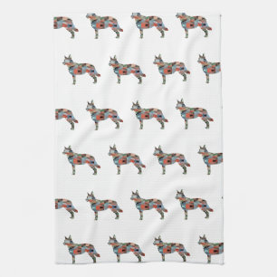 Blue Heeler Dog Breed Silhouette Geo Plaid Tea Towel