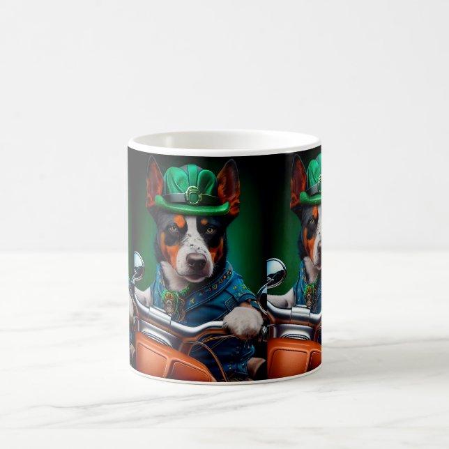 Blue Heeler Dog Driving Bike St. Patrick's Day Coffee Mug (Center)