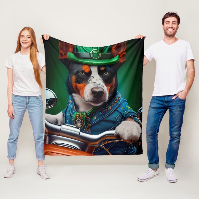 Blue Heeler Dog Driving Bike St. Patrick's Day Fleece Blanket (In Situ)