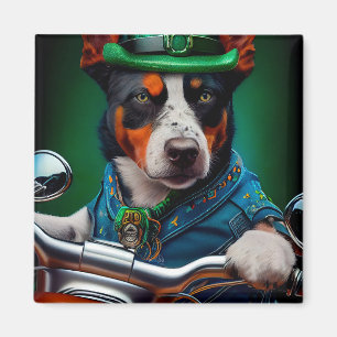 Blue Heeler Dog Driving Bike St. Patrick's Day Magnet