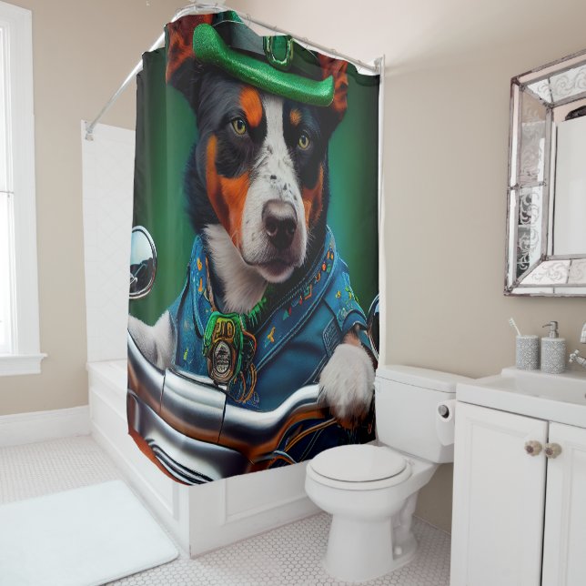 Blue Heeler Dog Driving Bike St. Patrick's Day Shower Curtain (In Situ)