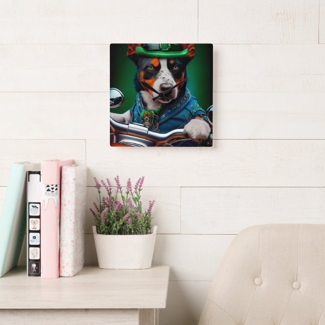 Blue Heeler Dog Driving Bike St. Patrick's Day Square Wall Clock (Reading Room)