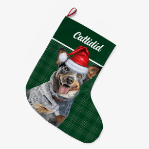 Blue Heeler Dog Green Holiday Plaid Personalised Large Christmas Stocking