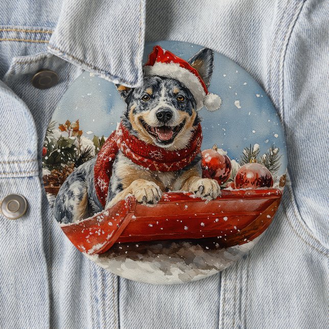 Blue Heeler Dog in Sledge Let it Snow Christmas 6 Cm Round Badge (In Situ)