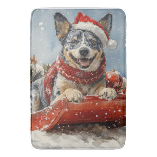 Blue Heeler Dog in Sledge Let it Snow Christmas Bath Mat