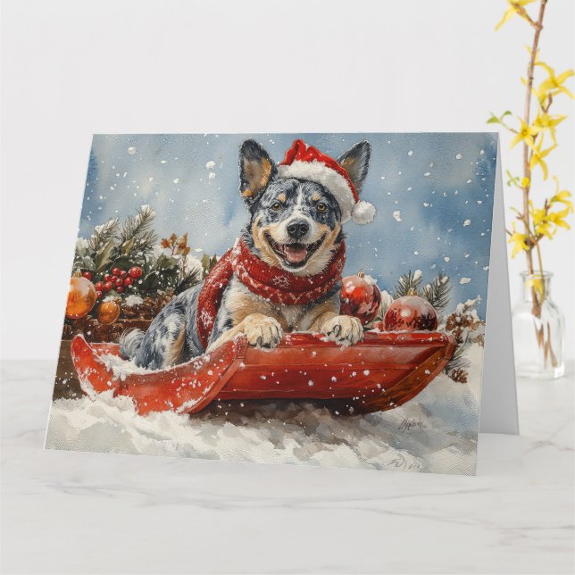 Blue Heeler Dog in Sledge Let it Snow Christmas Card (Yellow Flower)